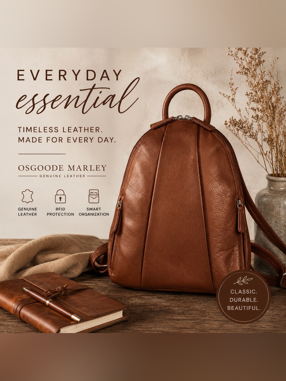 Osgoode Marley Genuine Leather RFID Backpack Purse Cognac Brown